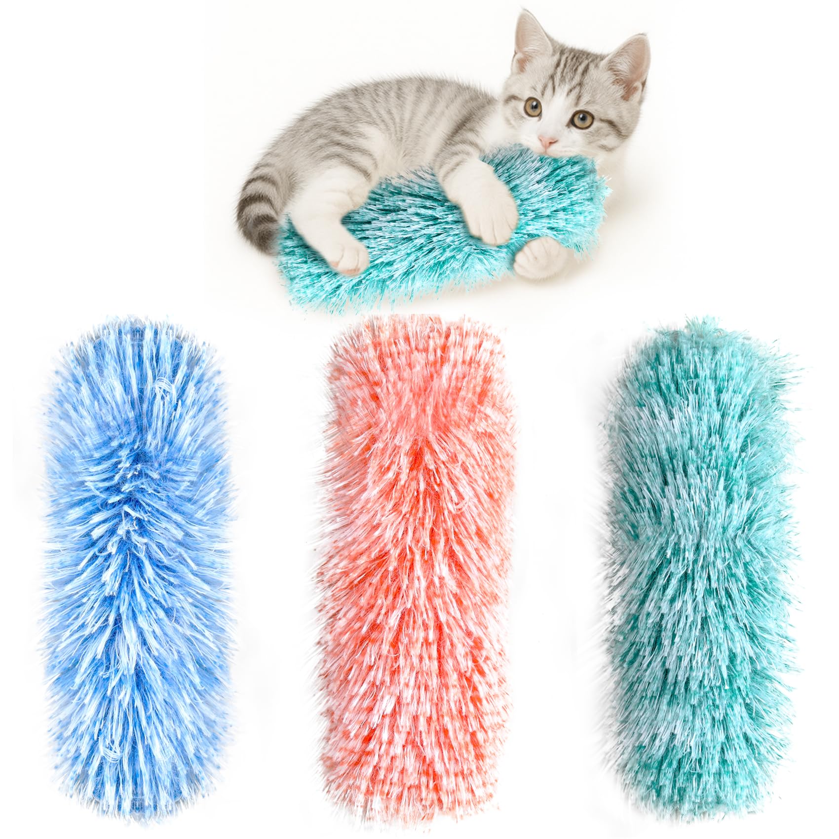 Petinstinct Cat Toys, 3 Pack Crinkle Catnip Pillow Toys for Indoor Cats | Soft Interactive Cat Toys for Chewing, Biting & Kicking, Organic Catnip Inside, Reduces Boredom, Blue & Orange & Green
