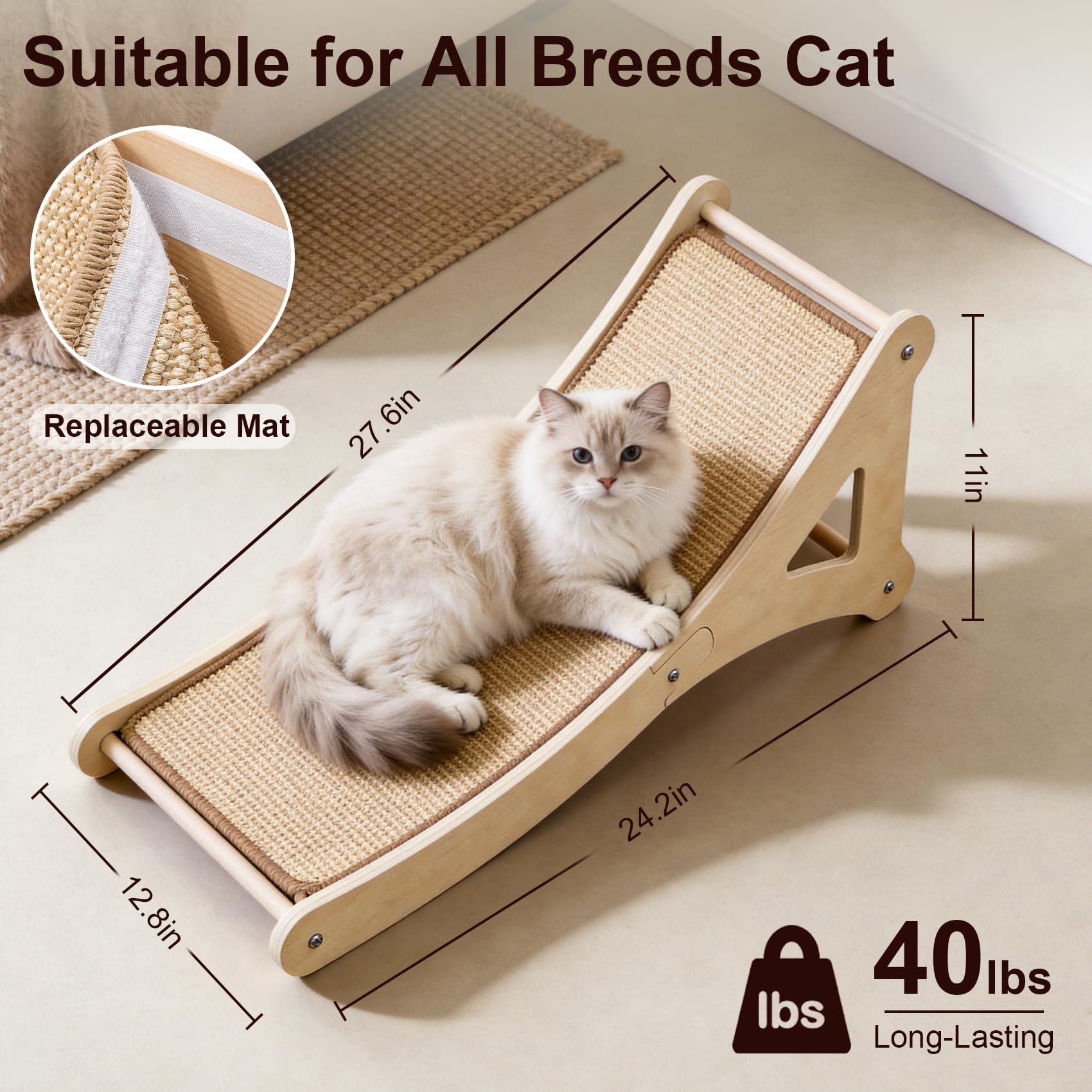 Petinstinct Sisal Cat Scratcher, Cat Scratching Board with Mouse Toy | 24” Wooden Ramp, Vertical and Horizontal Use for Wall and Floor, Easy Assembly, Climb and Scratch Fun, Protects Furniture