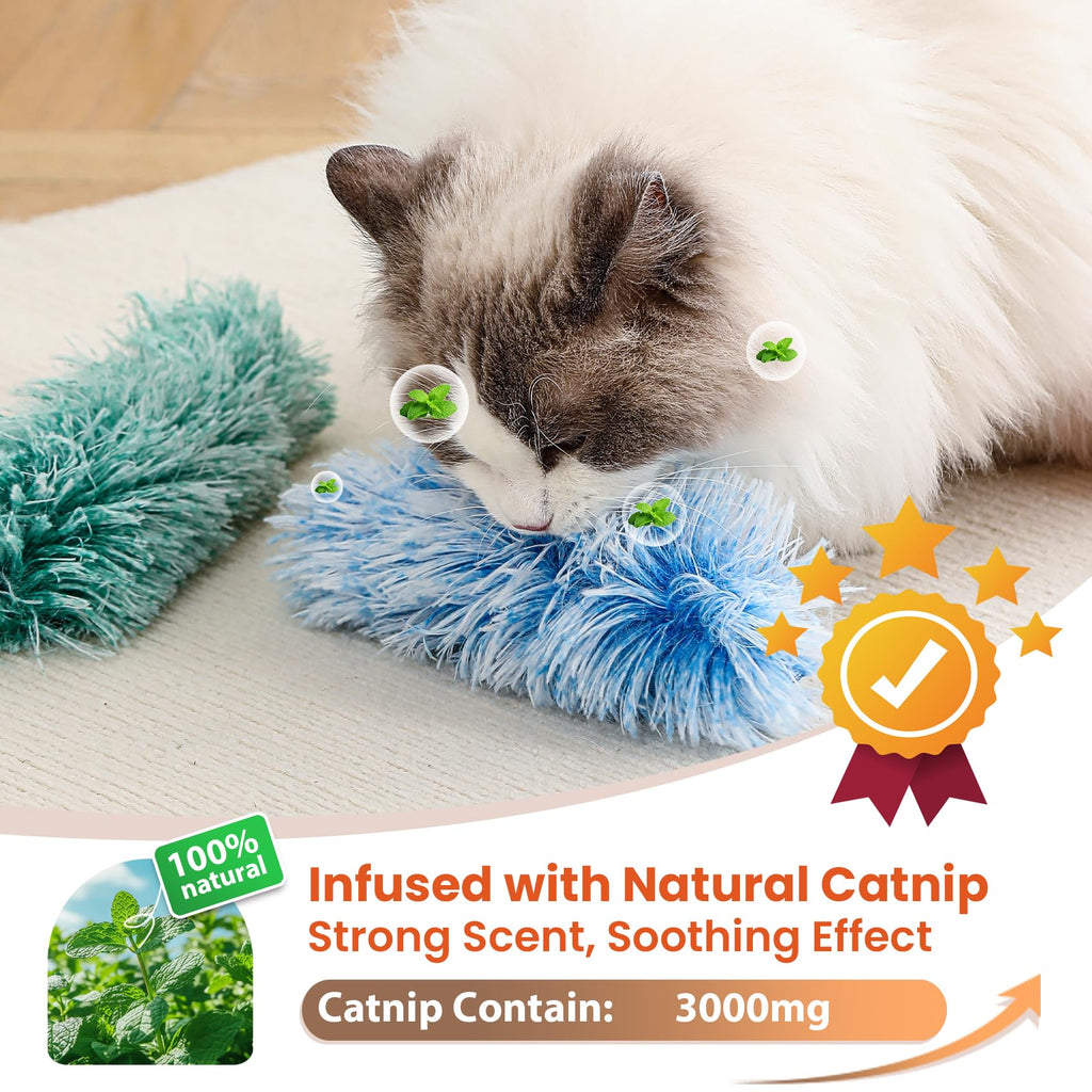 Petinstinct Cat Toys, 3 Pack Crinkle Catnip Pillow Toys for Indoor Cats | Soft Interactive Cat Toys for Chewing, Biting & Kicking, Organic Catnip Inside, Reduces Boredom, Blue & Orange & Green