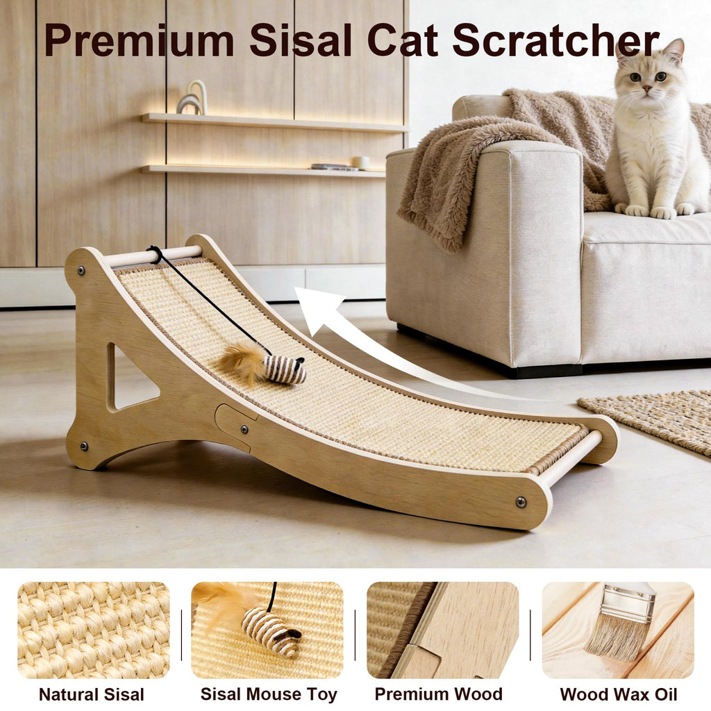 Petinstinct Sisal Cat Scratcher, Cat Scratching Board with Mouse Toy | 24” Wooden Ramp, Vertical and Horizontal Use for Wall and Floor, Easy Assembly, Climb and Scratch Fun, Protects Furniture