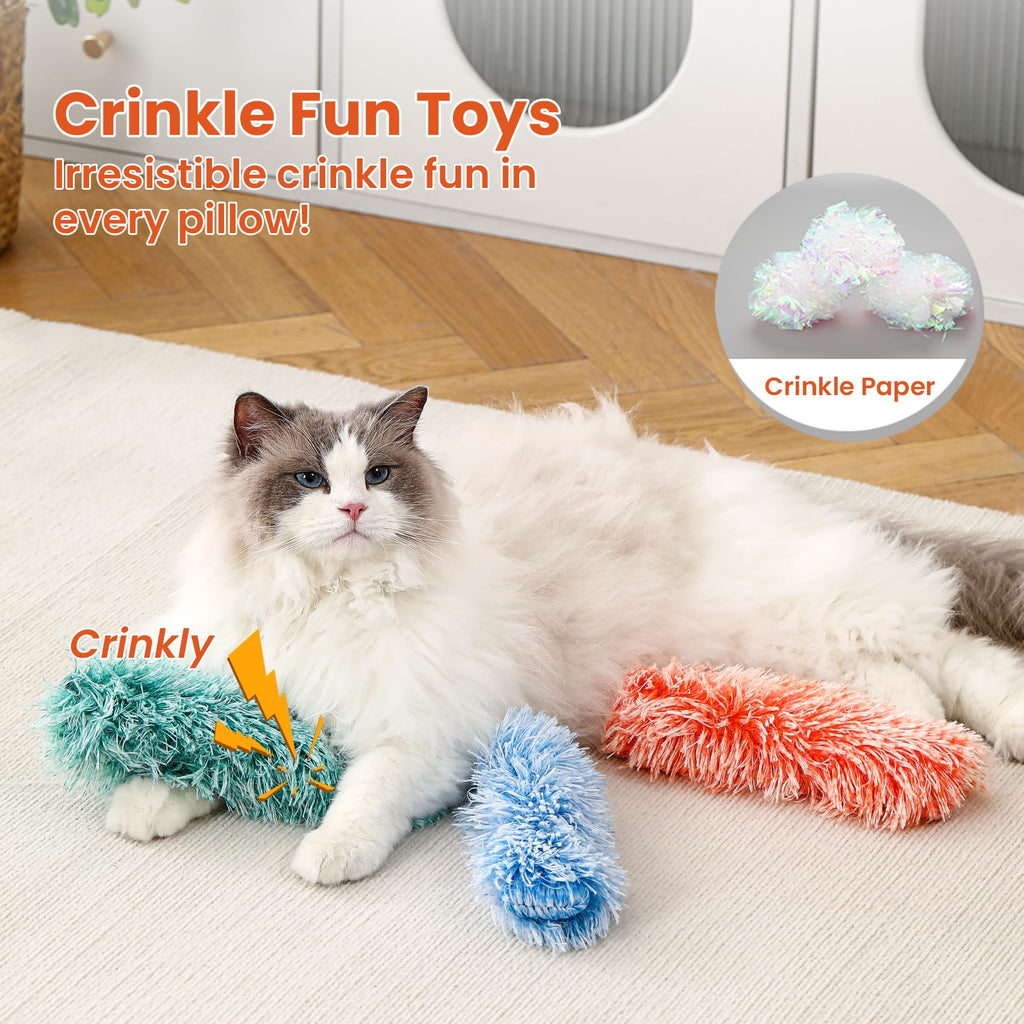Petinstinct Cat Toys, 3 Pack Crinkle Catnip Pillow Toys for Indoor Cats | Soft Interactive Cat Toys for Chewing, Biting & Kicking, Organic Catnip Inside, Reduces Boredom, Blue & Orange & Green