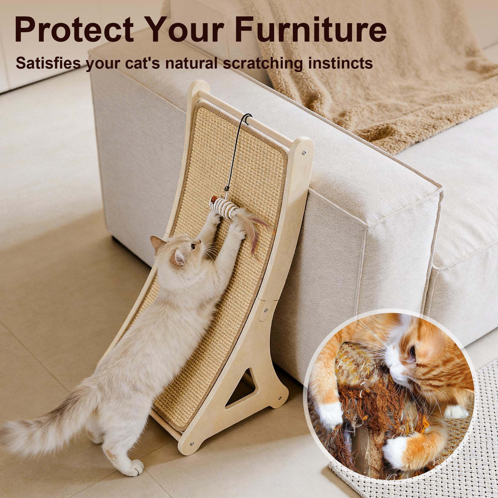 Petinstinct Sisal Cat Scratcher, Cat Scratching Board with Mouse Toy | 24” Wooden Ramp, Vertical and Horizontal Use for Wall and Floor, Easy Assembly, Climb and Scratch Fun, Protects Furniture