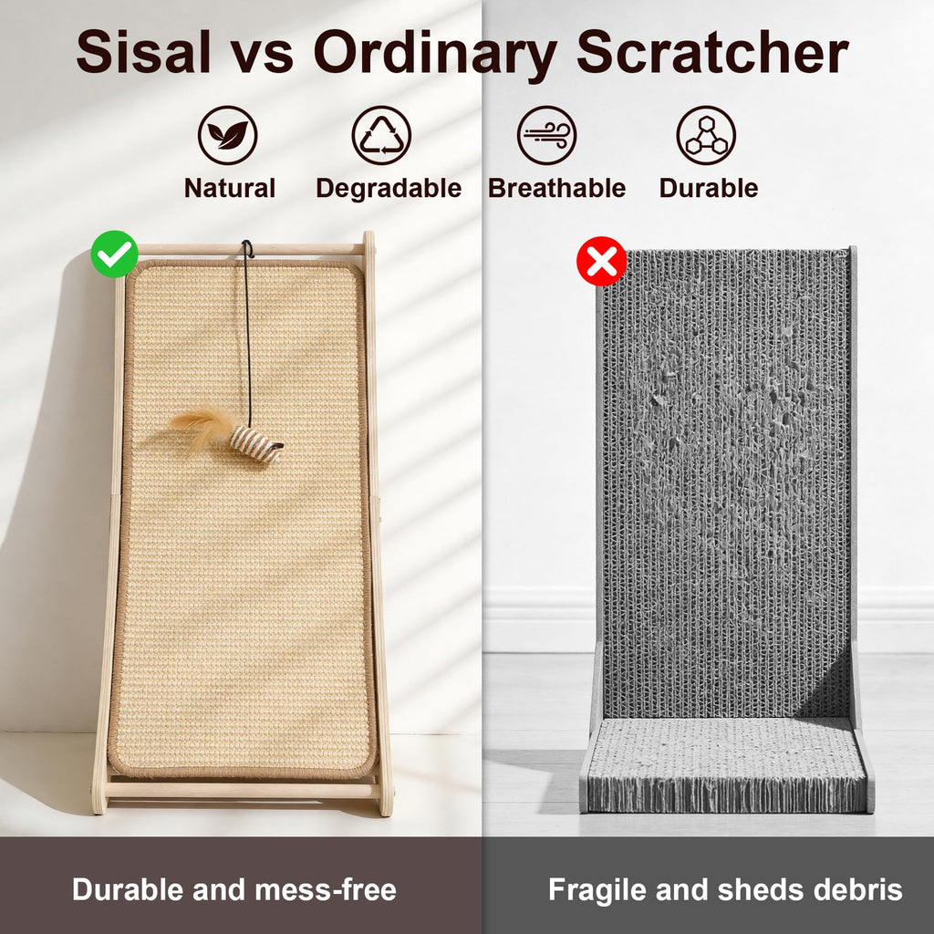 Petinstinct Sisal Cat Scratcher, Cat Scratching Board with Mouse Toy | 24” Wooden Ramp, Vertical and Horizontal Use for Wall and Floor, Easy Assembly, Climb and Scratch Fun, Protects Furniture