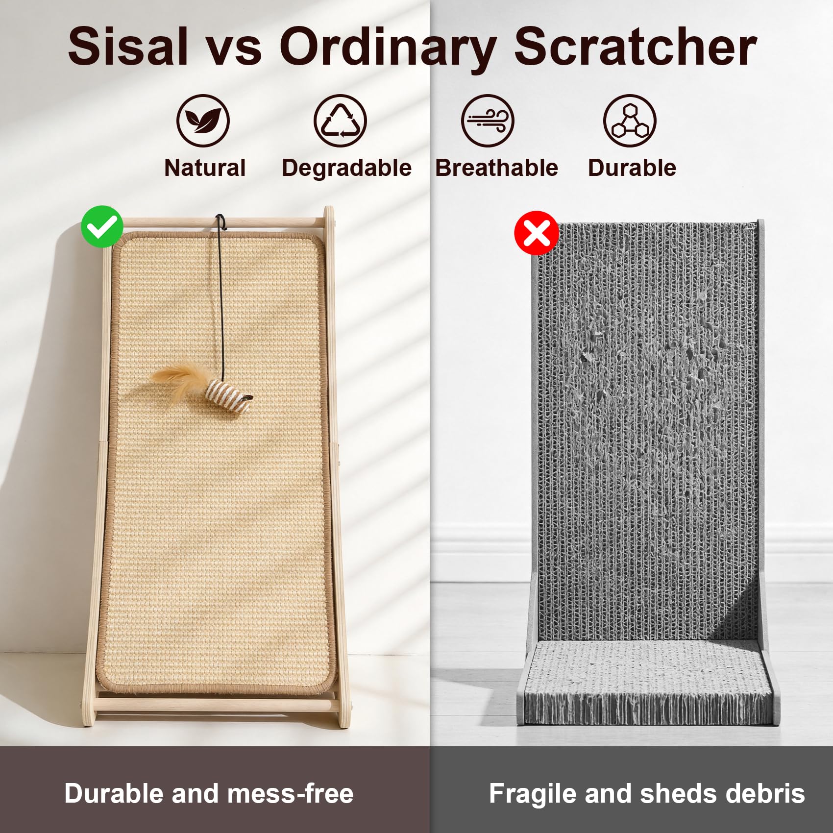 Petinstinct Sisal Cat Scratcher, Cat Scratching Board with Mouse Toy | 24” Wooden Ramp, Vertical and Horizontal Use for Wall and Floor, Easy Assembly, Climb and Scratch Fun, Protects Furniture