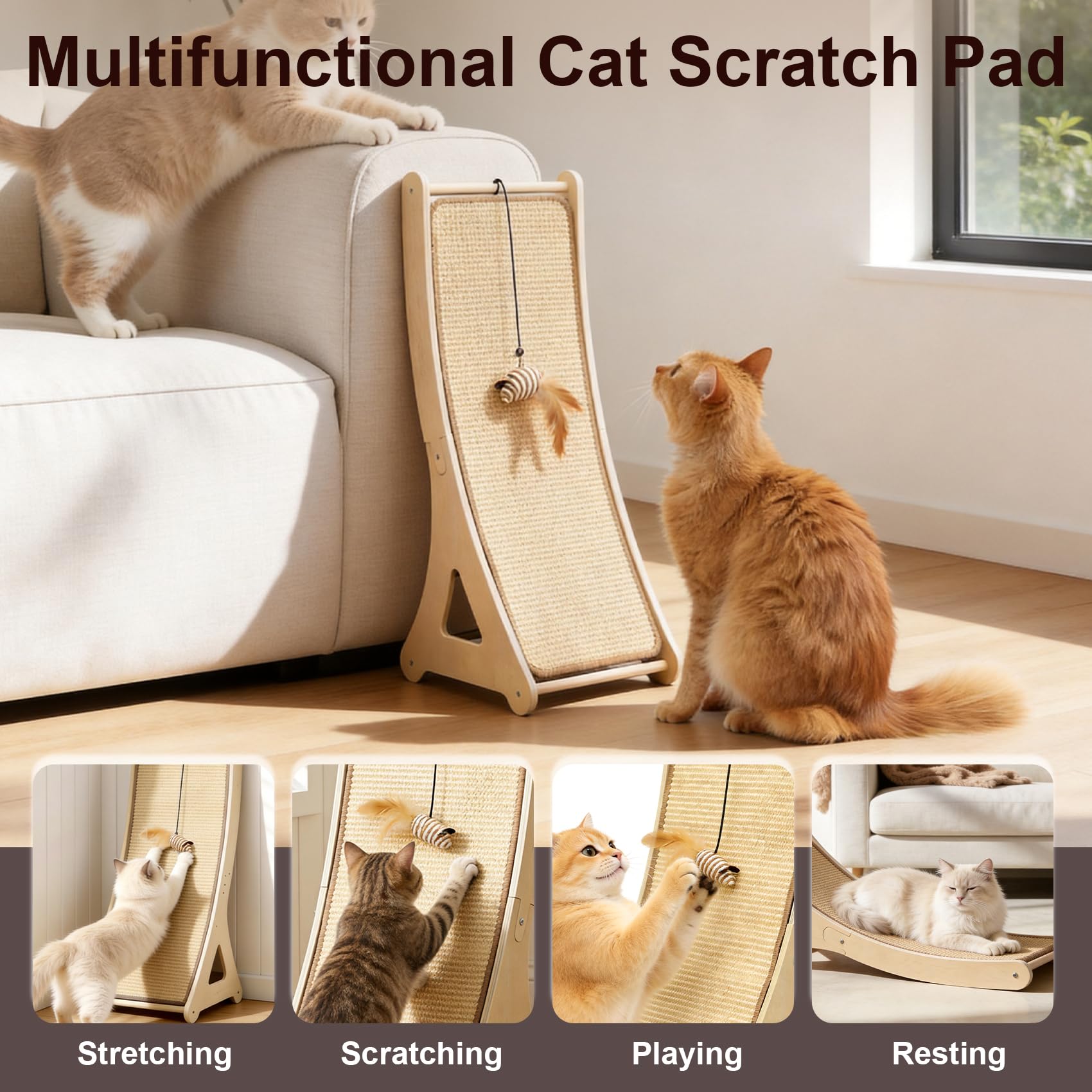 Petinstinct Sisal Cat Scratcher, Cat Scratching Board with Mouse Toy | 24” Wooden Ramp, Vertical and Horizontal Use for Wall and Floor, Easy Assembly, Climb and Scratch Fun, Protects Furniture