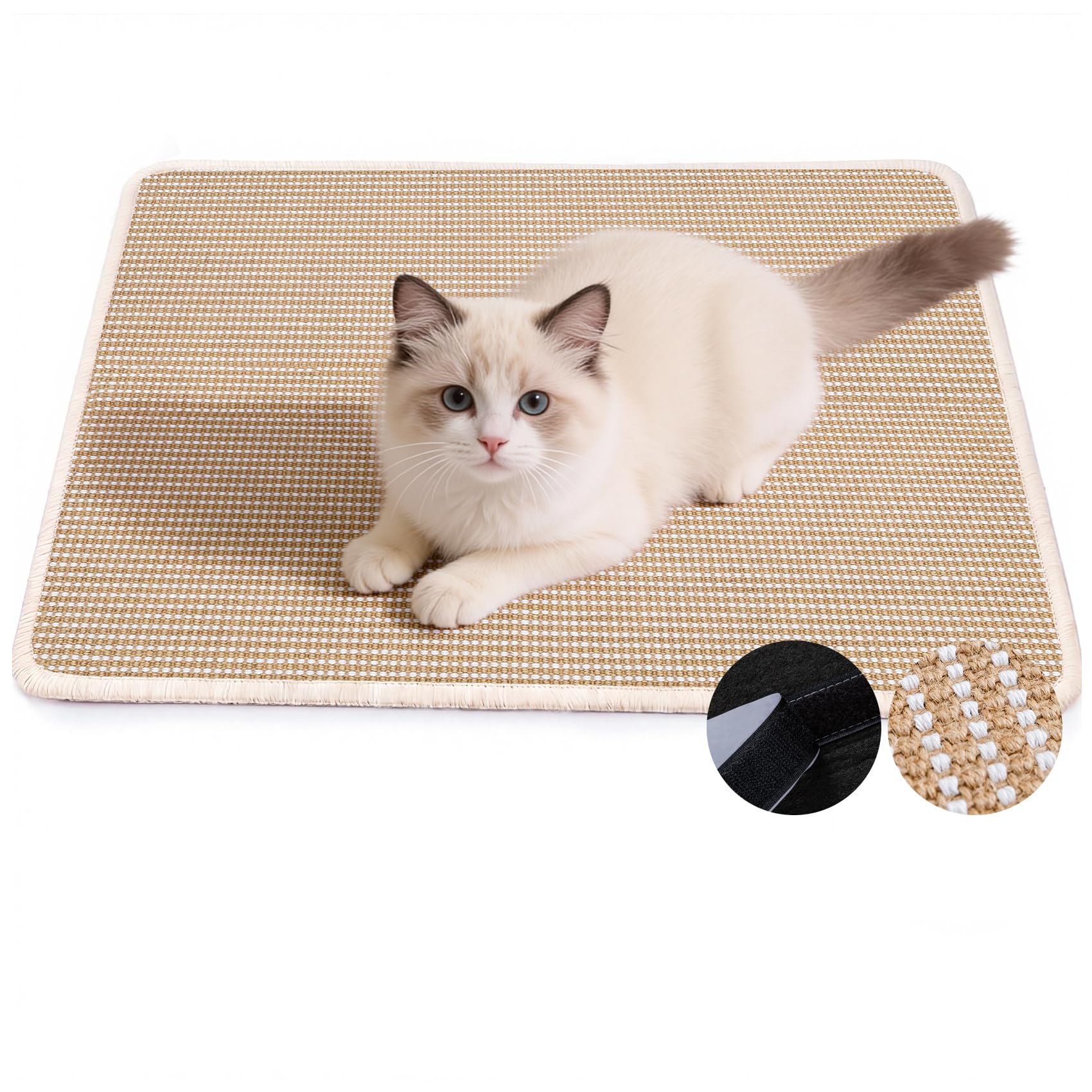 Petinstinct Cat Scratcher Mat, 23.6"x15.7" Natural Sisal Cat Scratch Pad | Low-Shedding Cat Scratching Mat with Sticky Taps, Durable Cat Wall Scratcher for Indoor Cats, Protect Couch, Carpet & Floor