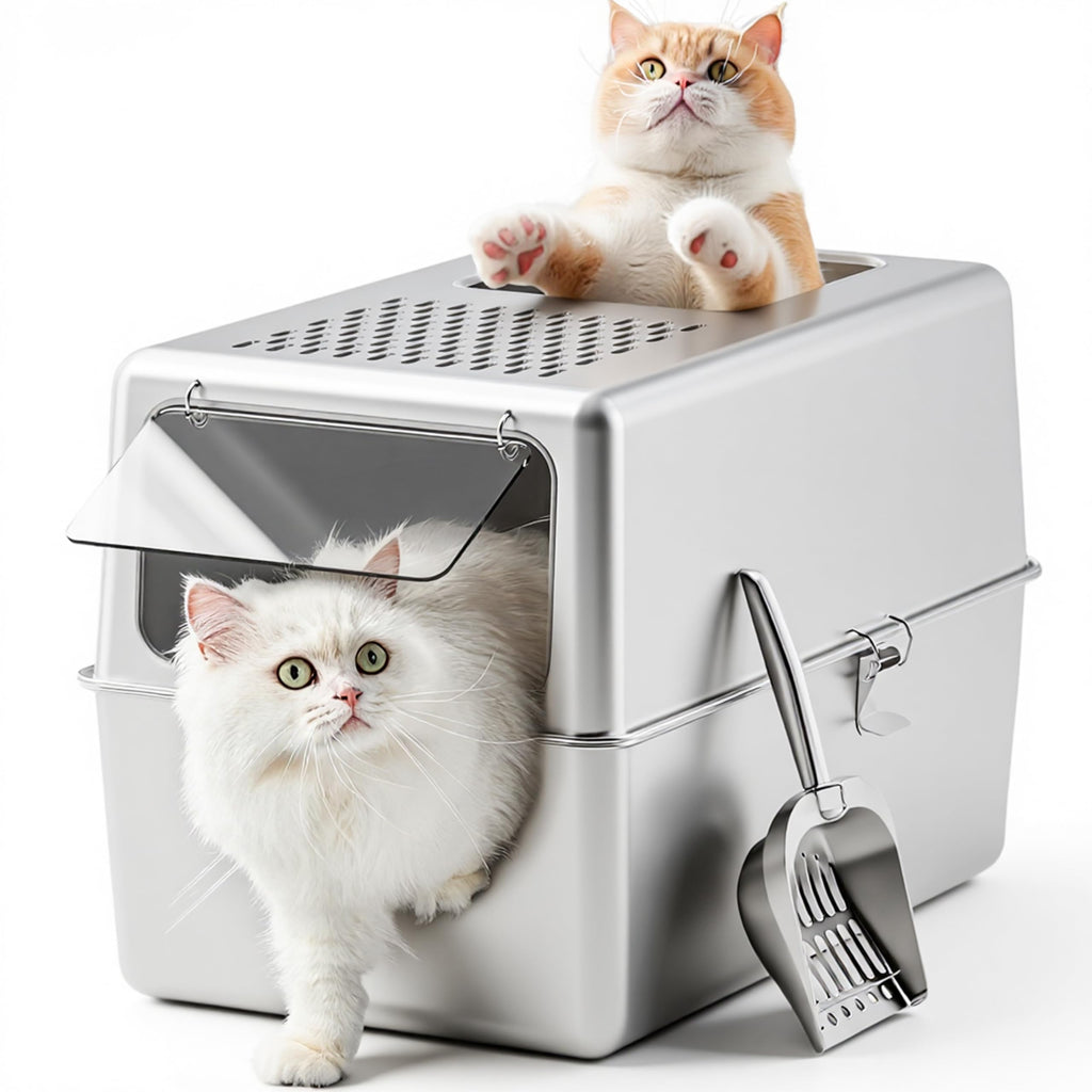 Petinstinct Enclosed Cat Litter Box Stainless Steel with Lid, 20x14x14, L | Includes Metal Scoop, Top and Front Entry Options for Kitten, Better Hygiene, Reduces Tracking, Odor Control, Easy to Clean