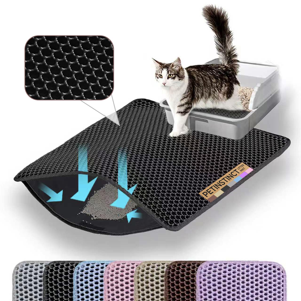 Petinstinct Cat Litter Mat, Double Layer Honeycomb Litter Box Mat | 24x18”, Efficient Litter Trapping, Easy to Clean, Waterproof, Non-Slip, Soft on Paws, Scratch Resistant, Black, Large
