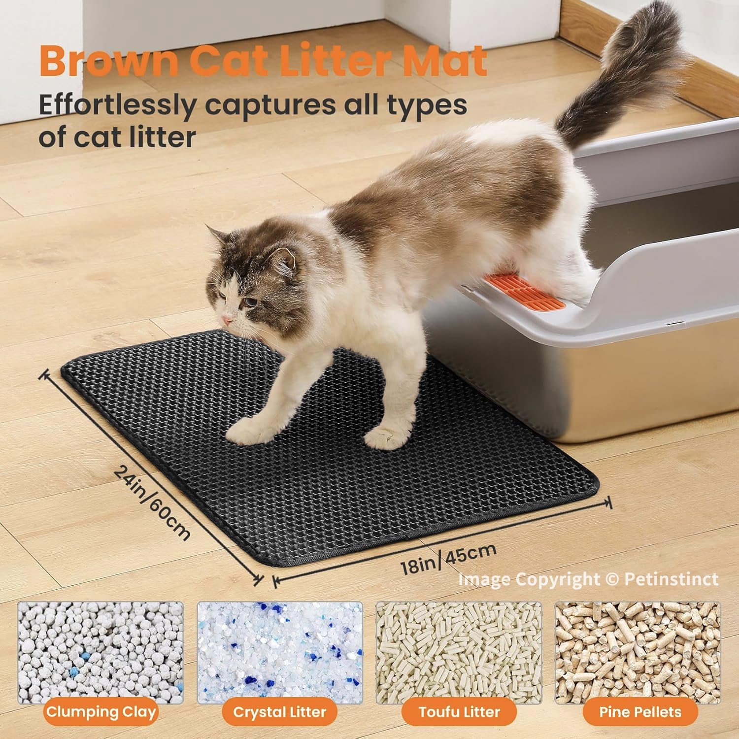 Petinstinct Cat Litter Mat, Double Layer Honeycomb Litter Box Mat | 24x18”, Efficient Litter Trapping, Easy to Clean, Waterproof, Non-Slip, Soft on Paws, Scratch Resistant, Black, Large