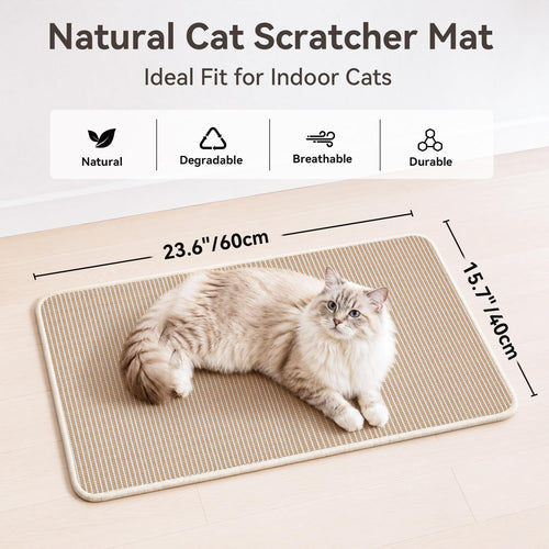Petinstinct Cat Scratcher Mat, 23.6"x15.7" Natural Sisal Cat Scratch Pad | Low-Shedding Cat Scratching Mat with Sticky Taps, Durable Cat Wall Scratcher for Indoor Cats, Protect Couch, Carpet & Floor
