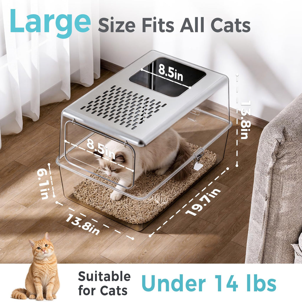 Petinstinct Enclosed Cat Litter Box Stainless Steel with Lid, 20x14x14, L | Includes Metal Scoop, Top and Front Entry Options for Kitten, Better Hygiene, Reduces Tracking, Odor Control, Easy to Clean