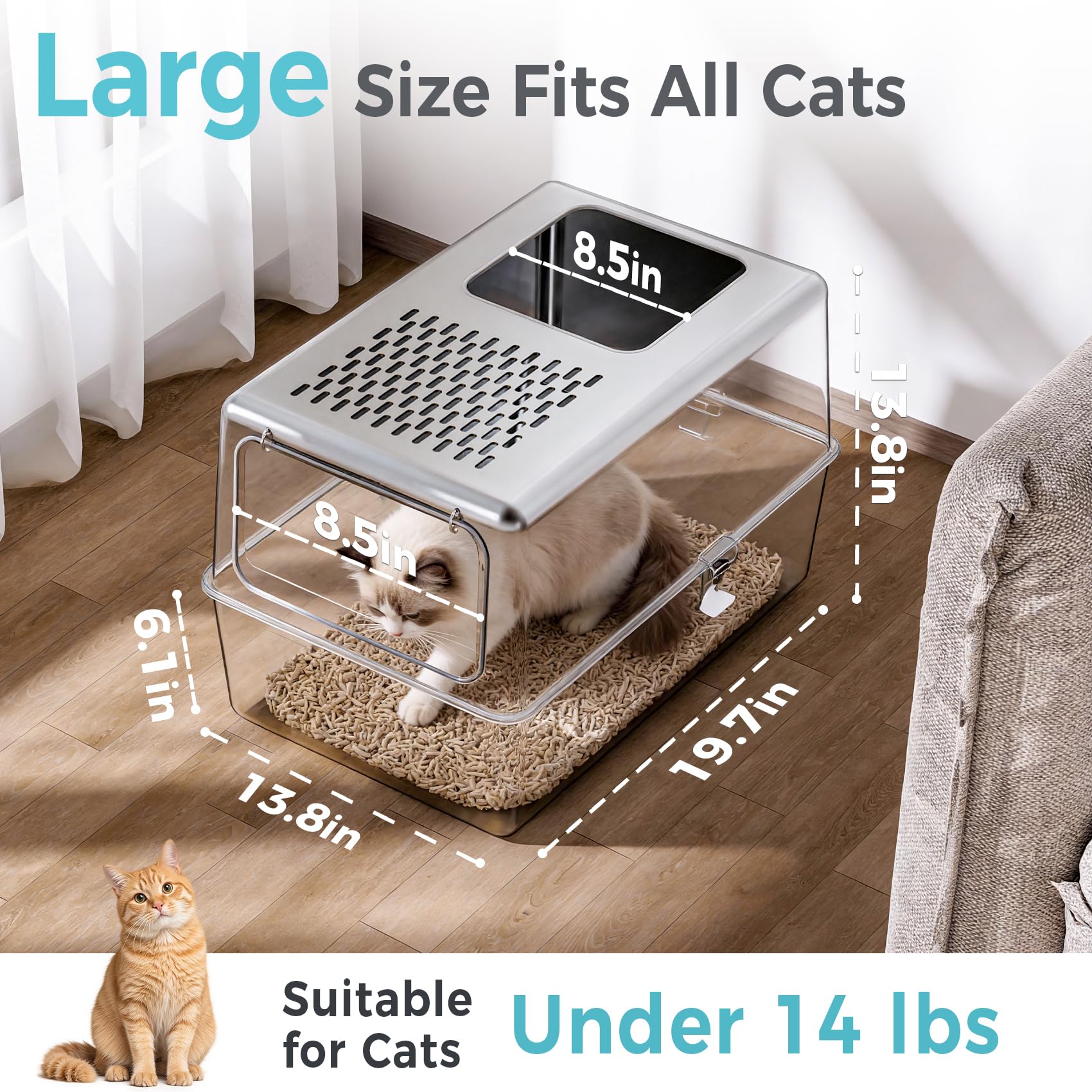 Petinstinct Enclosed Cat Litter Box Stainless Steel with Lid, 20x14x14, L | Includes Metal Scoop, Top and Front Entry Options for Kitten, Better Hygiene, Reduces Tracking, Odor Control, Easy to Clean