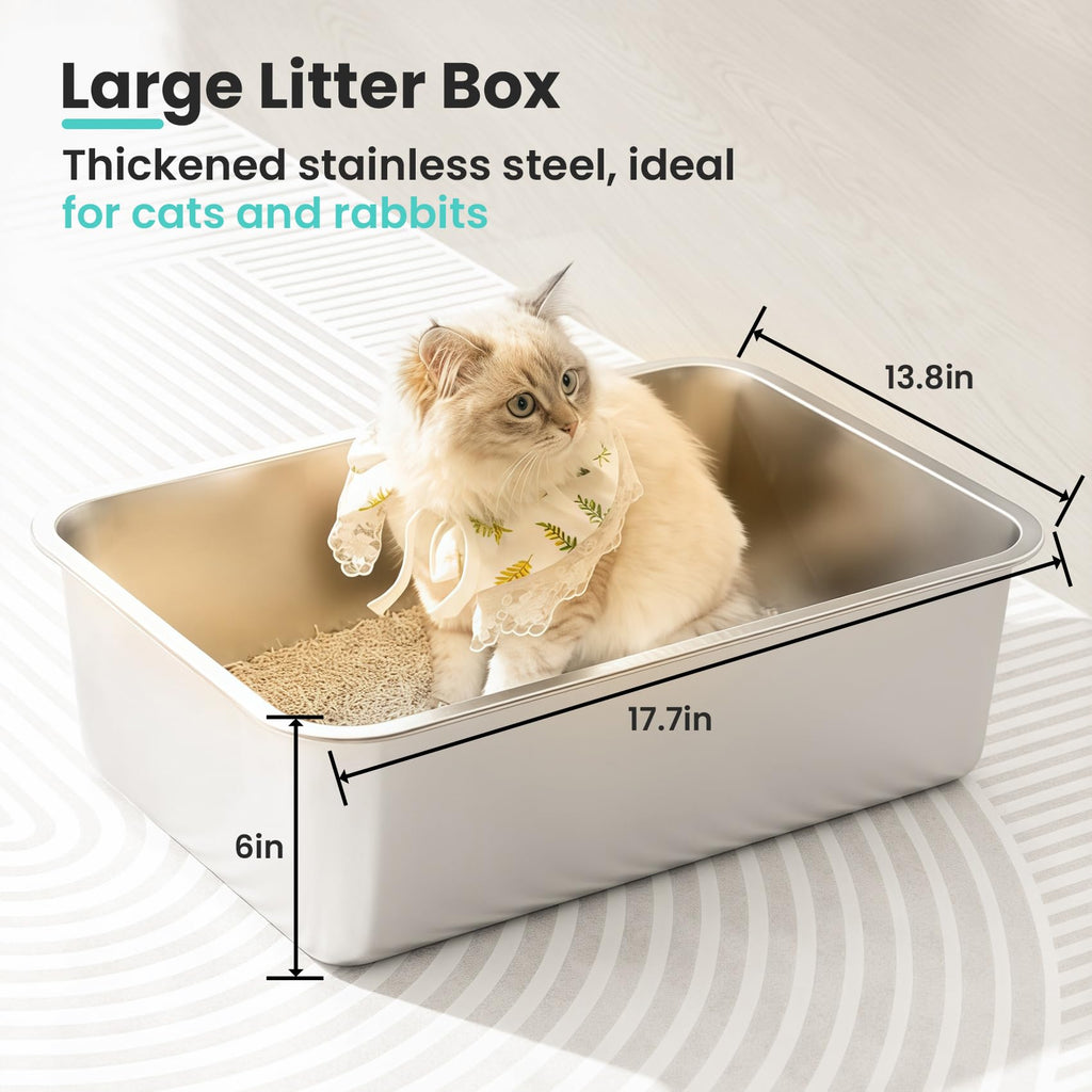 Petinstinct Stainless Steel Cat Litter Box, 17.7"x13.8"x6", Large | Non-Sticky, Smooth Metal Litter Box for Indoor Cats, Leak-Proof, Easy to Clean, Non-Slip, High Sided, Easy Entry