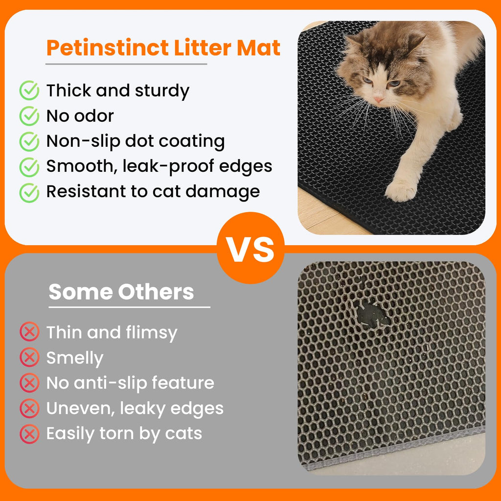Petinstinct Cat Litter Mat, Double Layer Honeycomb Litter Box Mat | 24x18”, Efficient Litter Trapping, Easy to Clean, Waterproof, Non-Slip, Soft on Paws, Scratch Resistant, Black, Large
