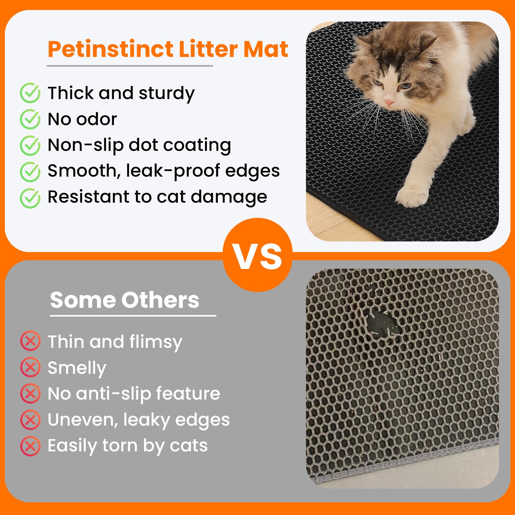 Petinstinct Cat Litter Mat, Double Layer Honeycomb Litter Box Mat | 24x18”, Efficient Litter Trapping, Easy to Clean, Waterproof, Non-Slip, Soft on Paws, Scratch Resistant, Black, Large
