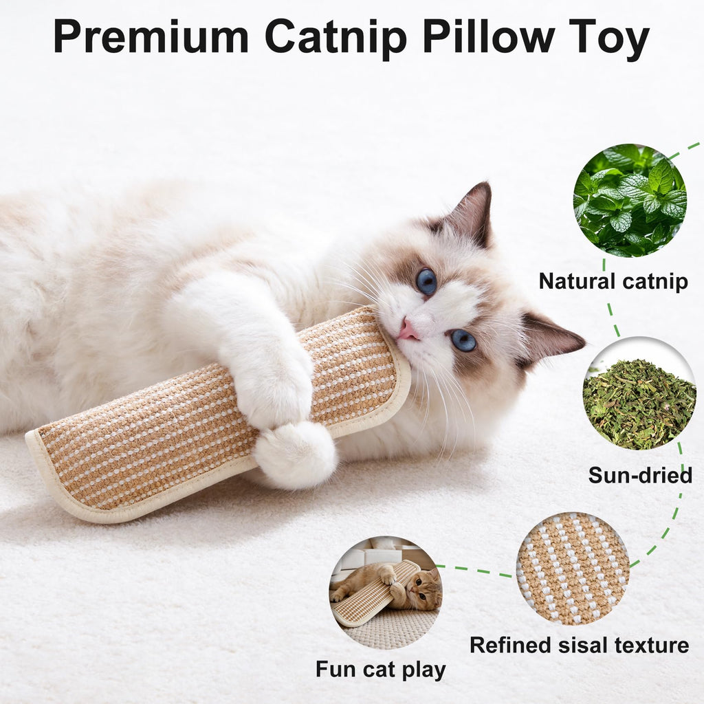 Petinstinct Cat Toys, 2 Pack Sisal Catnip Pillow Toys with 8000mg Catnip | Natural Sisal Interactive Cat Kicker Toys with Organic Catnip, Scratching Teeth Cleaning Chew Toys for Indoor Cats, Cat Gift