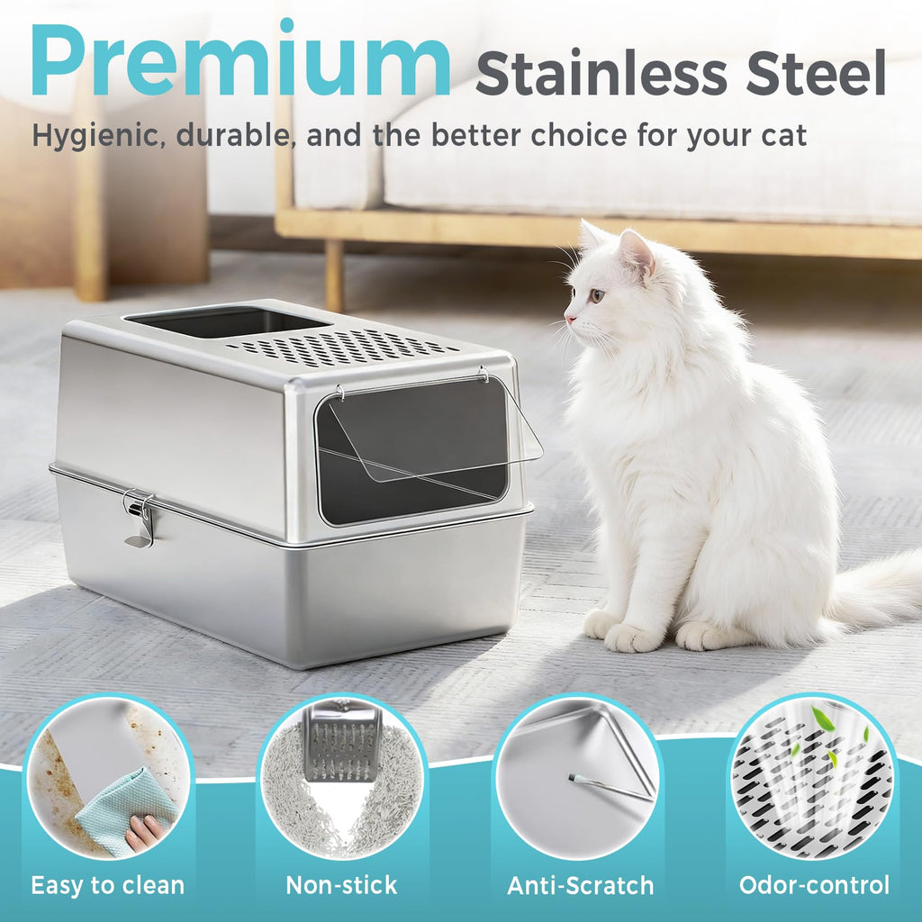 Petinstinct Enclosed Cat Litter Box Stainless Steel with Lid, 20x14x14, L | Includes Metal Scoop, Top and Front Entry Options for Kitten, Better Hygiene, Reduces Tracking, Odor Control, Easy to Clean