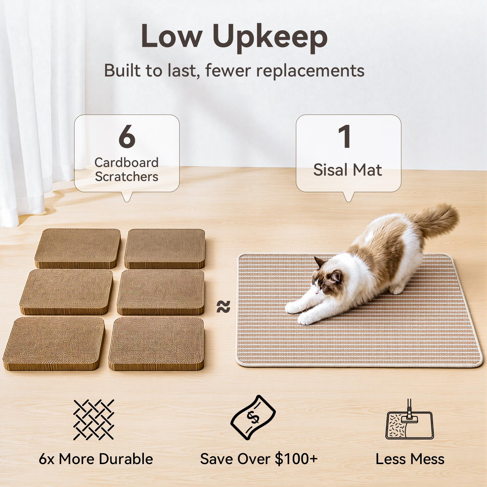 Petinstinct Cat Scratcher Mat, 23.6"x15.7" Natural Sisal Cat Scratch Pad | Low-Shedding Cat Scratching Mat with Sticky Taps, Durable Cat Wall Scratcher for Indoor Cats, Protect Couch, Carpet & Floor