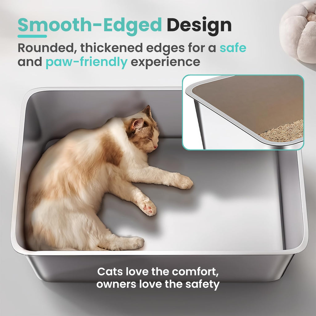 Petinstinct Stainless Steel Cat Litter Box, 17.7"x13.8"x6", Large | Non-Sticky, Smooth Metal Litter Box for Indoor Cats, Leak-Proof, Easy to Clean, Non-Slip, High Sided, Easy Entry
