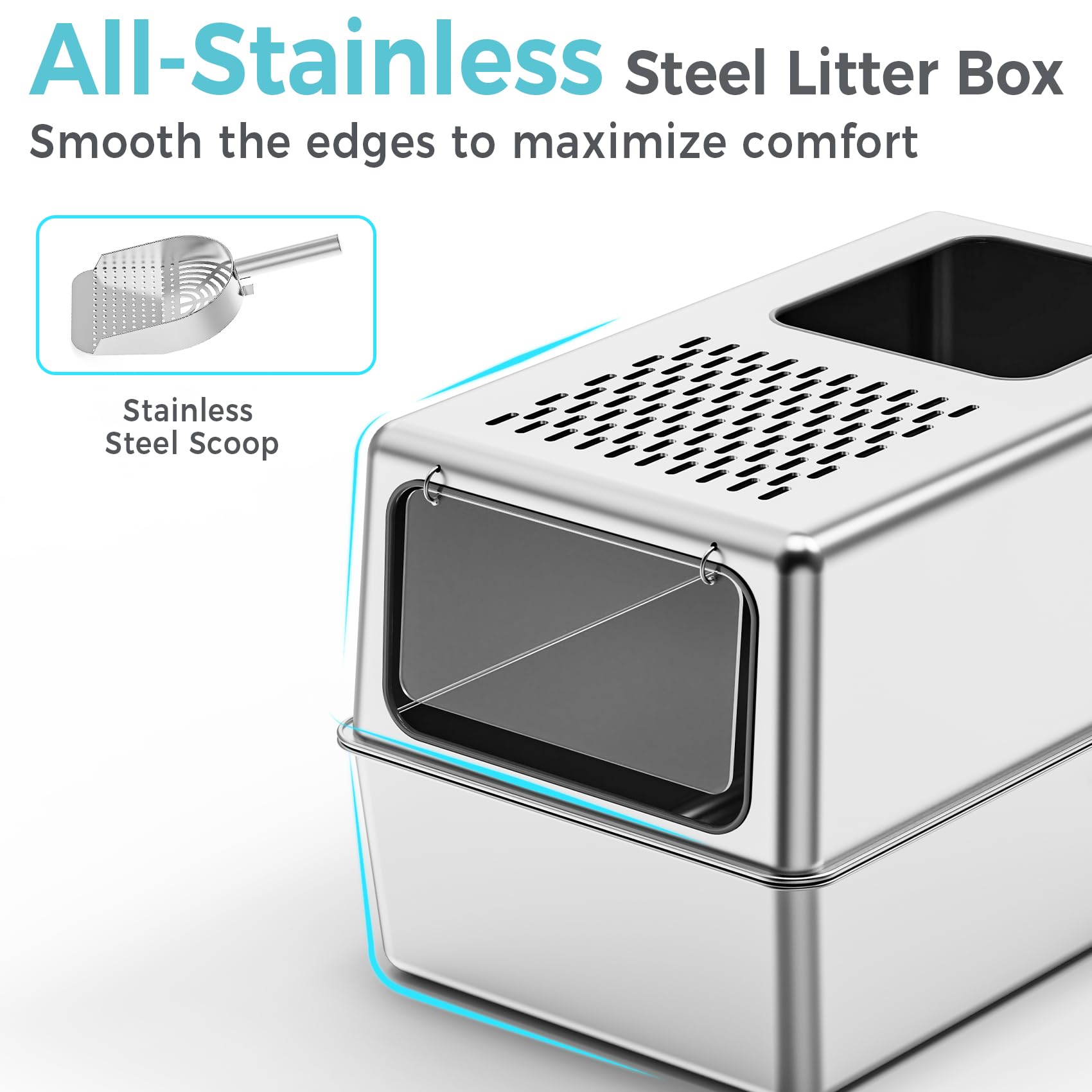 Petinstinct Enclosed Cat Litter Box Stainless Steel with Lid, 20x14x14, L | Includes Metal Scoop, Top and Front Entry Options for Kitten, Better Hygiene, Reduces Tracking, Odor Control, Easy to Clean