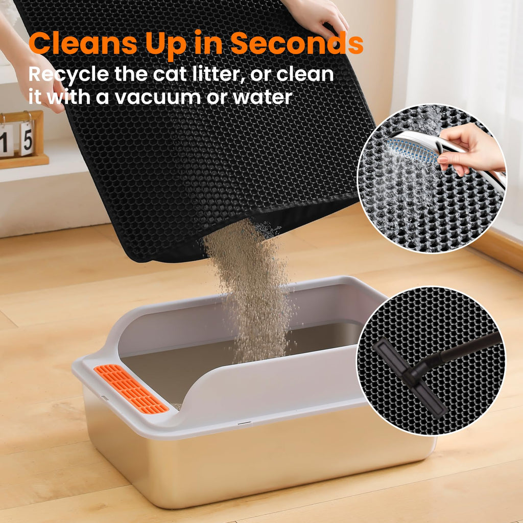 Petinstinct Cat Litter Mat, Double Layer Honeycomb Litter Box Mat | 24x18”, Efficient Litter Trapping, Easy to Clean, Waterproof, Non-Slip, Soft on Paws, Scratch Resistant, Black, Large