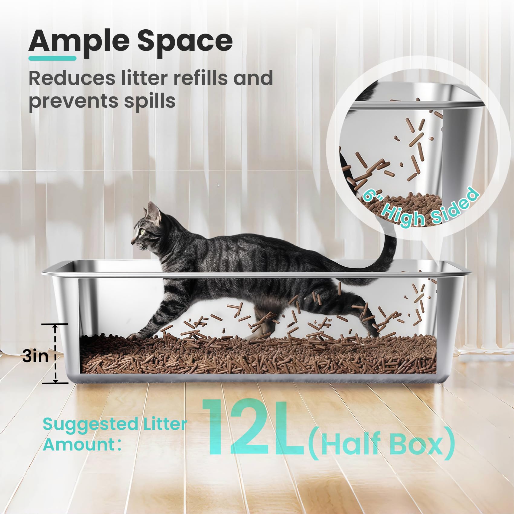 Petinstinct Stainless Steel Cat Litter Box, 17.7"x13.8"x6", Large | Non-Sticky, Smooth Metal Litter Box for Indoor Cats, Leak-Proof, Easy to Clean, Non-Slip, High Sided, Easy Entry