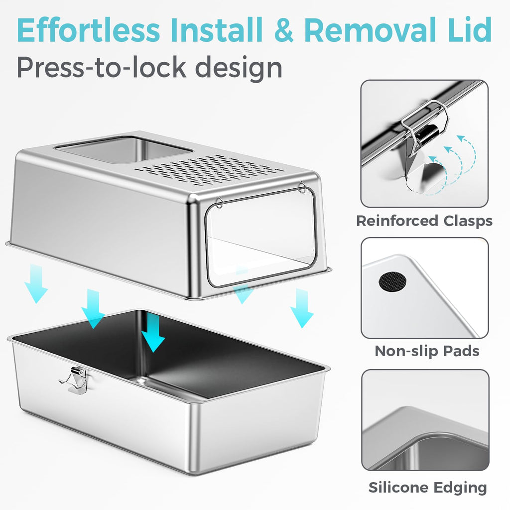 Petinstinct Enclosed Cat Litter Box Stainless Steel with Lid, 20x14x14, L | Includes Metal Scoop, Top and Front Entry Options for Kitten, Better Hygiene, Reduces Tracking, Odor Control, Easy to Clean