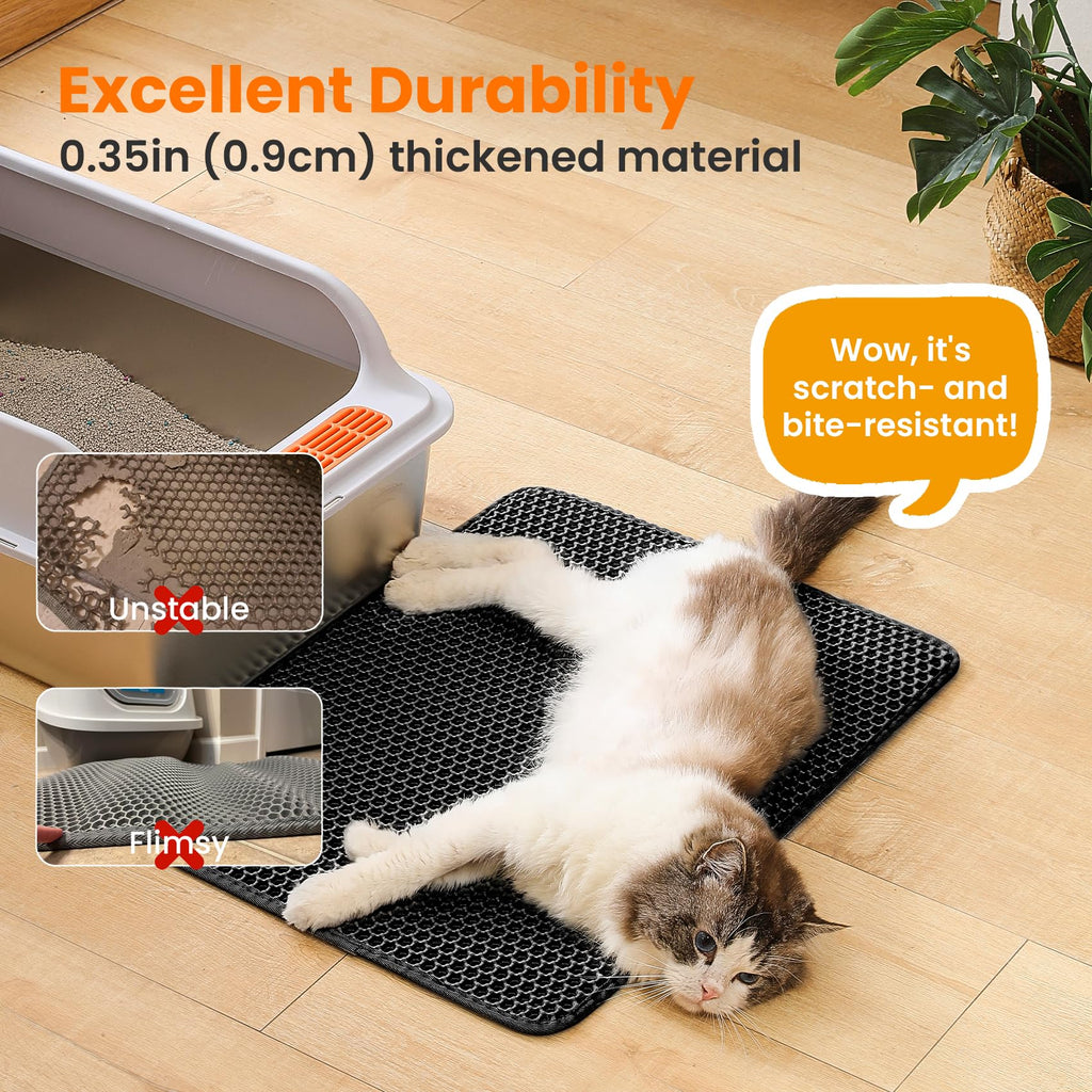 Petinstinct Cat Litter Mat, Double Layer Honeycomb Litter Box Mat | 24x18”, Efficient Litter Trapping, Easy to Clean, Waterproof, Non-Slip, Soft on Paws, Scratch Resistant, Black, Large