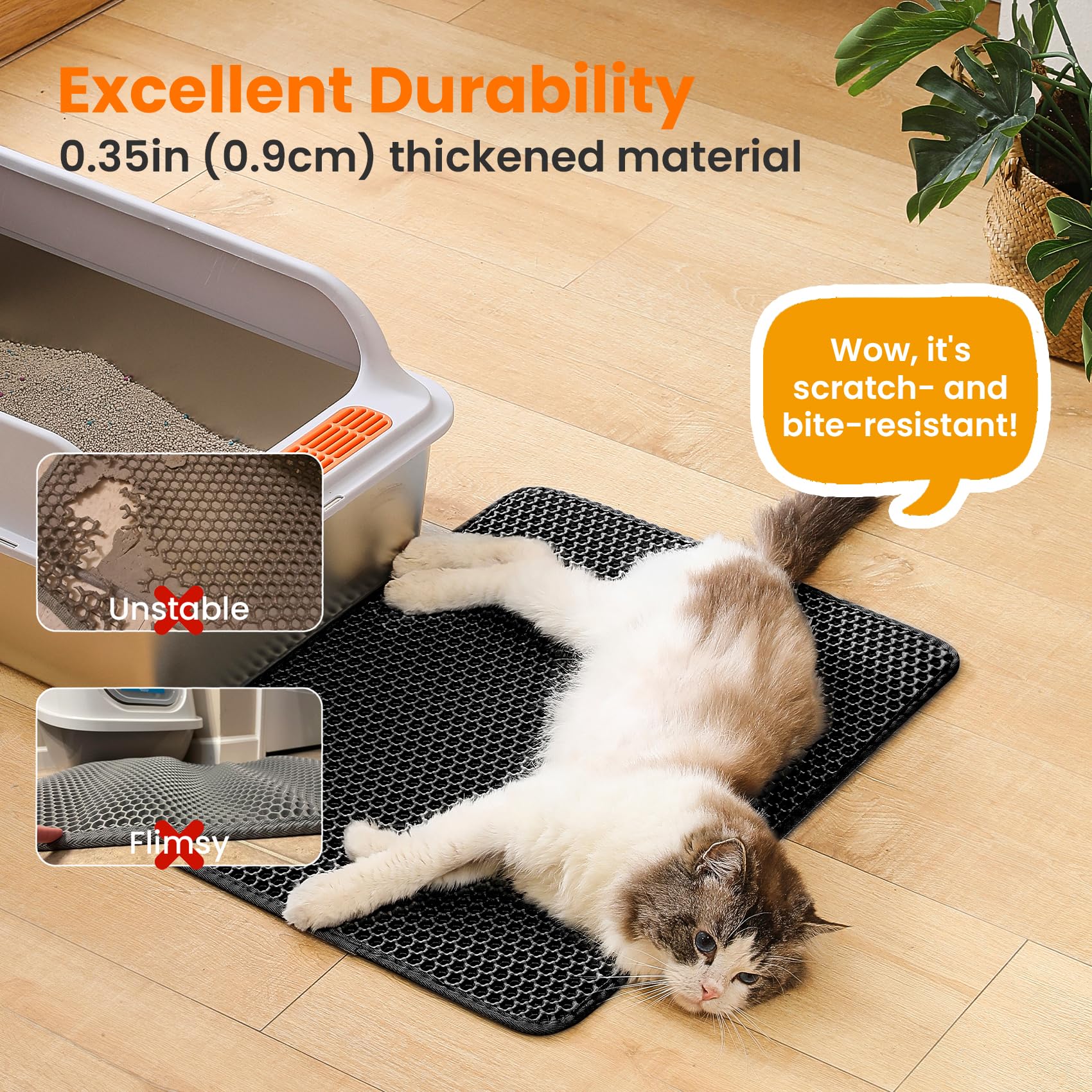 Petinstinct Cat Litter Mat, Double Layer Honeycomb Litter Box Mat | 24x18”, Efficient Litter Trapping, Easy to Clean, Waterproof, Non-Slip, Soft on Paws, Scratch Resistant, Black, Large