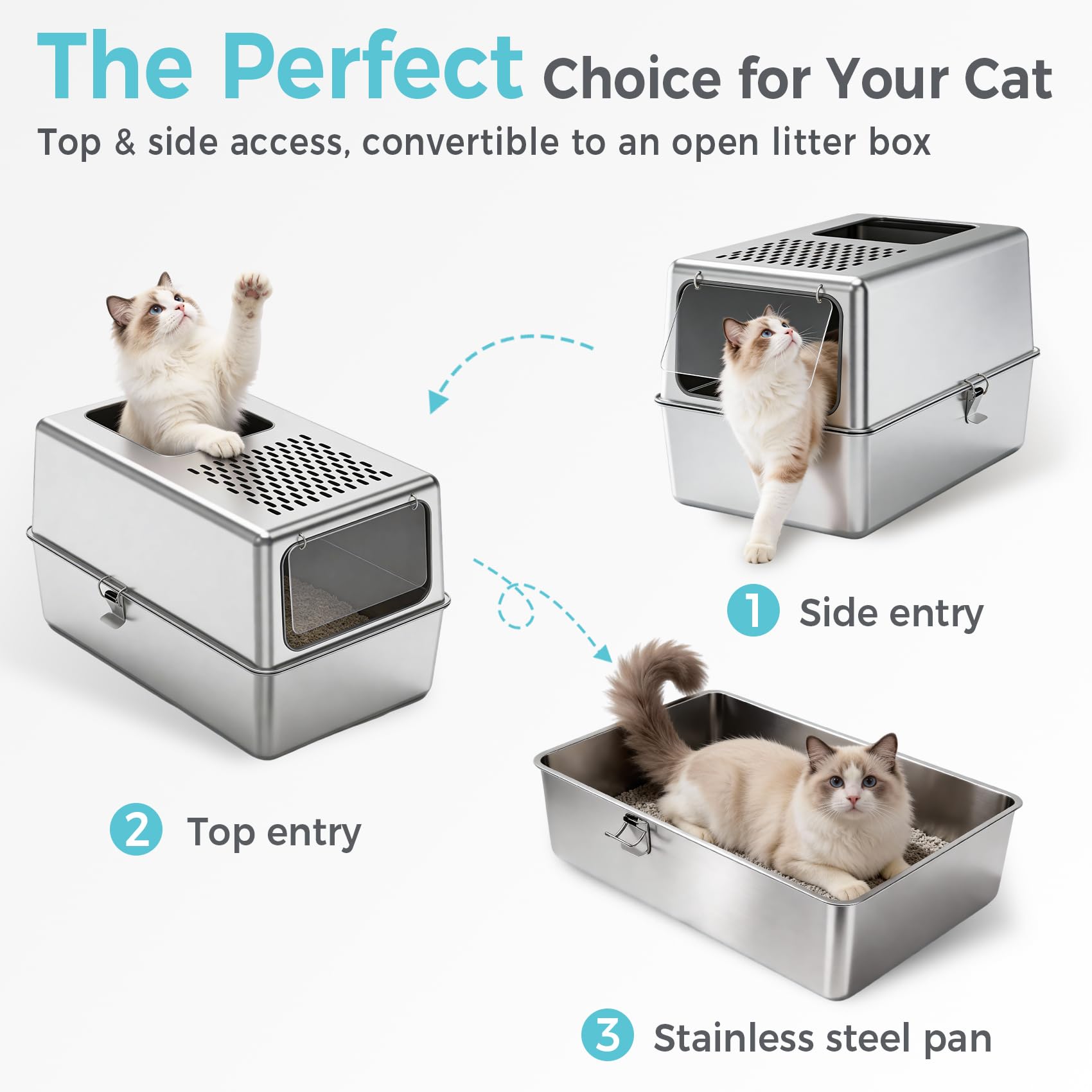 Petinstinct Enclosed Cat Litter Box Stainless Steel with Lid, 20x14x14, L | Includes Metal Scoop, Top and Front Entry Options for Kitten, Better Hygiene, Reduces Tracking, Odor Control, Easy to Clean