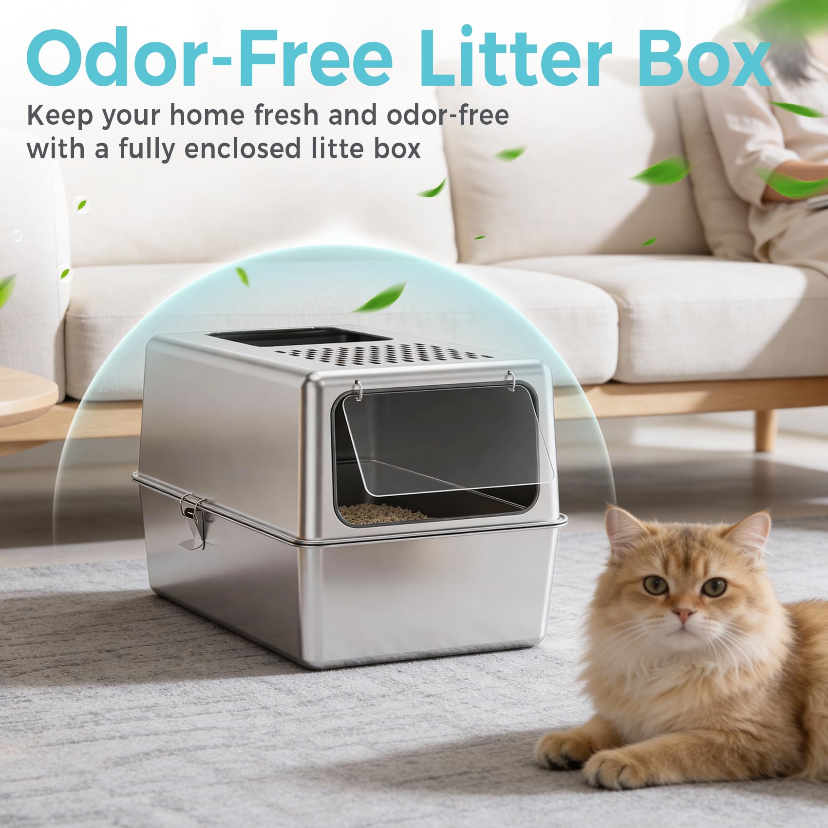 Petinstinct Enclosed Cat Litter Box Stainless Steel with Lid, 20x14x14, L | Includes Metal Scoop, Top and Front Entry Options for Kitten, Better Hygiene, Reduces Tracking, Odor Control, Easy to Clean